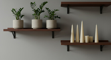 Three dark wooden floating shelves mounted on a grey wall displaying potted green plants and a collection of white cone candles