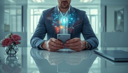 Secure Mobile Connectivity Businessman Using Smartphone with Digital Security Hologram