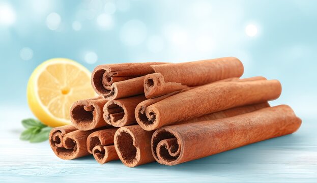Cinnamon sticks bundled, a lemon slice and mint leaf beside them on a light blue surface, soft bokeh background