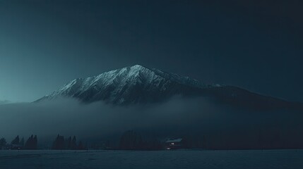 Snowy mountain peak at night, shrouded in mist