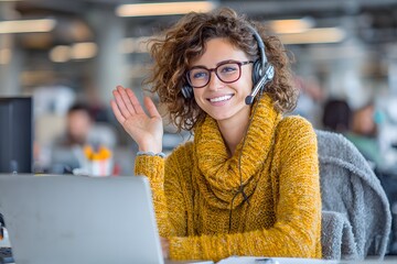Response a cheerful customer service representative gestures at a sleek laptop in a vibrant office.