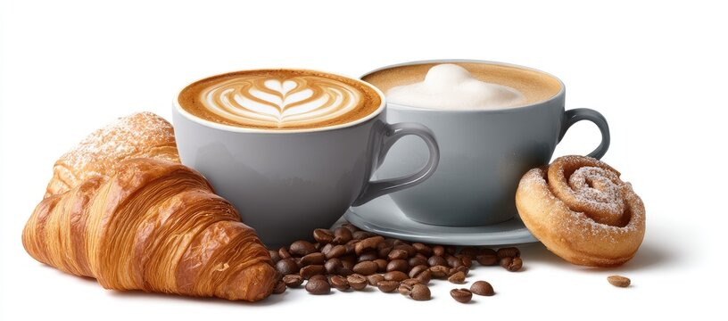 Two cups of latte art coffee, accompanied by croissants, cinnamon rolls, and coffee beans, on a white background