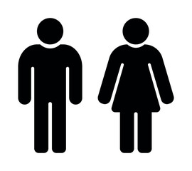 Man and Woman icon. Minimalistic black silhouette illustration of man and woman restroom symbols, simple male and female pictogram icons for toilet sign, bathroom indicator, gender symbol design