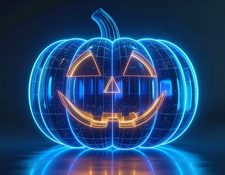 A glowing neon wireframe jack-o'-lantern with a spooky face, illuminated in blue and orange against a dark background.