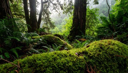 Lush mossy forest floor, sunlight filtering through canopy