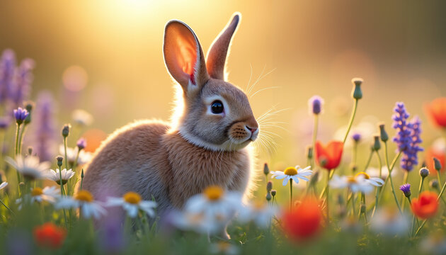 Young rabbit sitting among wildflowers in springtime meadow  