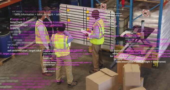 Four coworkers arriving at planning board, placing yellow notes for warehouse scheduling tasks
