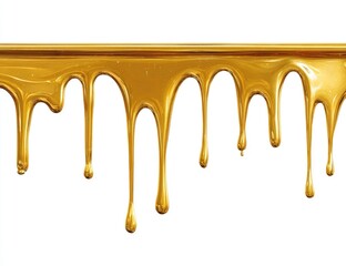 Gold liquid drips, a horizontal stream of molten gold, dripping downwards onto a plain white background