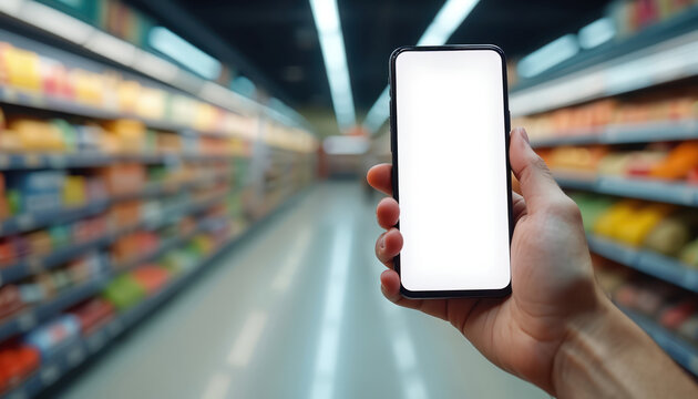 Person holds blank smartphone in supermarket aisle. Modern retail shopping, digital communication, grocery buying, online purchasing. Empty screen for custom content. Blurred background.