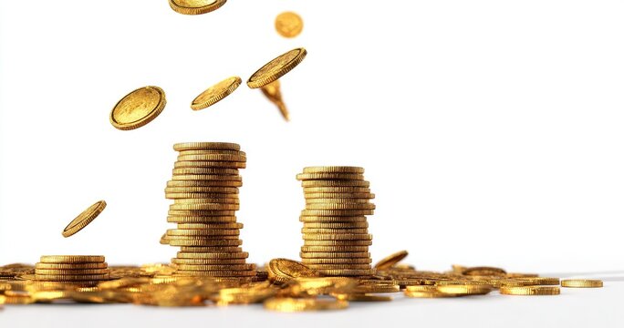 Golden coins cascade around stacks, representing wealth and growth
