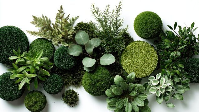 Arrangement of various small potted plants and moss globes on a white background. 