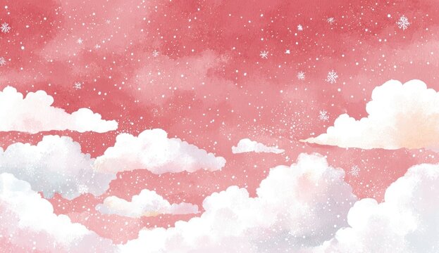 Watercolor winter sky, soft pink and white clouds, scattered snowflakes