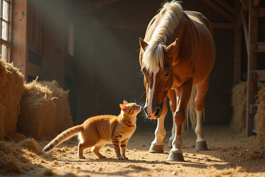 Horse and cat interacting affectionately in stable with straw  