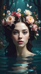 Woman in floral crown, water, forest