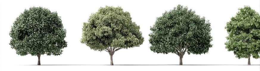 Obraz premium Four isolated, mature trees with full canopies, set against a white background. Varying shades of green foliage