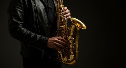 Fototapeta premium Golden saxophone held by musician wearing a leather jacket against a dark background perfect for music enthusiasts and instrument lovers