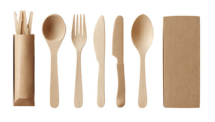 Eco-friendly wooden cutlery set in kraft paper packaging