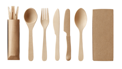 Eco-friendly wooden cutlery set in kraft paper packaging