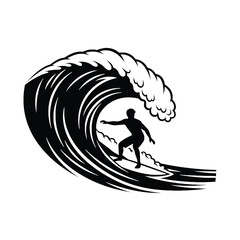 Dynamic silhouette of a surfer riding a powerful ocean wave under a cresting swell silhouette