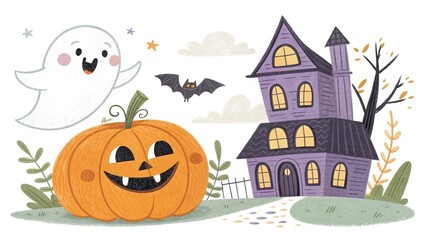 Playful cartoon Halloween illustration of bat, ghost, pumpkin, and haunted house, isolated on white background.