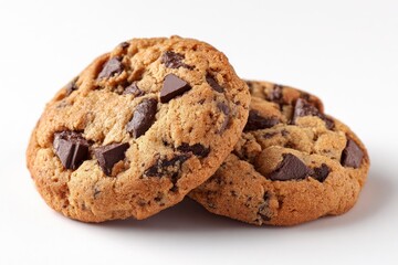 Two chocolate chip cookies, close-up, on a white surface.  The cookies are a light golden brown color with visible, dark chocolate chips. 