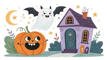 Haunted house cartoon Halloween scene with pumpkins, bats, and ghost in fun spooky style, isolated on white background.