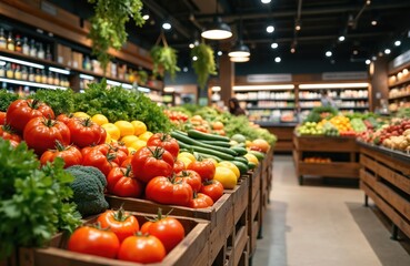 Stylish grocery store interior with abundant fresh produce display. Colorful fruits, vegetables arranged in wooden crates create vibrant, clean, inviting atmosphere. Shoppers explore aisles healthy