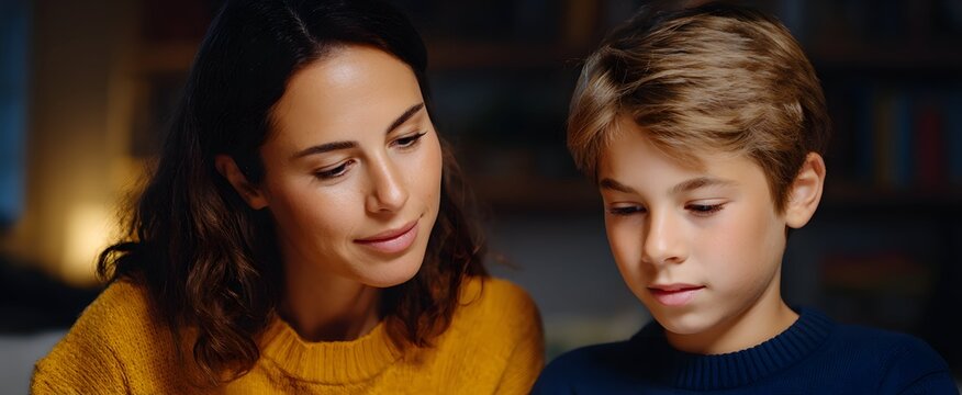 The mother and son are focused on homework in a warm inviting living room.