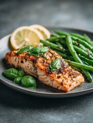 Delicious grilled salmon fillet garnished with fresh basil, accompanied by bright green beans and lemon slices on a dark plate, creating a colorful and healthy meal