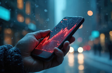Close-up of smartphone displaying red stock market graph during snowfall. Hand holds device on blurred city street at night with bokeh lights. Financial data analysis, trading app, investment