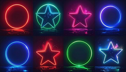 Neon shapes of stars and circles on a dark, textured surface, displaying vibrant colors.