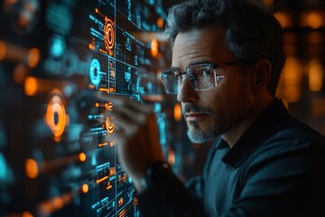 Professional manager using holographic interface to select correct mark on virtual checklist for operational excellence and audit readiness