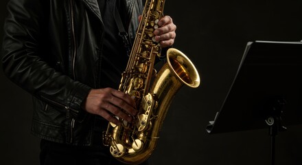 Musician plays elegant gold saxophone in dark studio spotlighting jazz music concert performance and soulful artistry