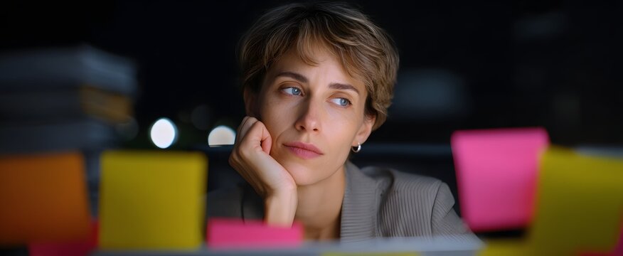 The woman at her desk swamped with tasks and colorful sticky reminders everywhere