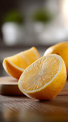 Fototapeta premium Fresh yellow lemons, one sliced in half, rest on a wooden surface, showcasing vibrant color and texture, with a blurred background enhancing the natural ambiance