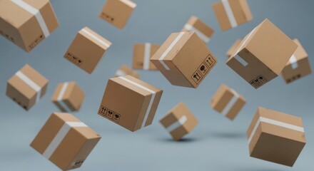 Fototapeta premium Cardboard boxes in various sizes are floating against a soft, blurred background, suggesting delivery.