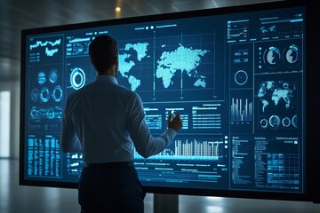 Corporate executive analyzing business growth charts on digital dashboard with kpi metrics showcasing performance tracking and strategic planning