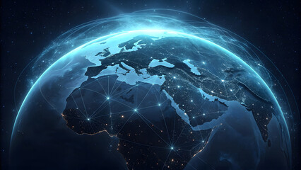 Digital data flows around a blue globe, illustrating the interconnected global network of information and communication technology