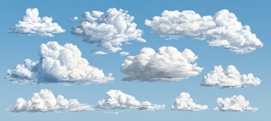 Various fluffy cumulus clouds against a clear blue sky