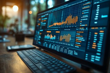 Naklejka premium Corporate executive analyzing business growth charts on digital dashboard with kpi metrics showcasing performance tracking and strategic planning