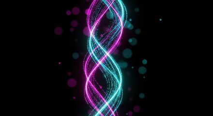 Abstract image featuring intertwined neon pink and blue light trails with bokeh circles on a black background.