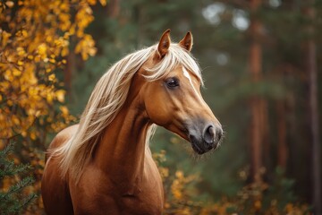 Naklejka premium Portrait of a Don breed horse showcasing its beauty amidst vibrant autumn foliage in a Russian forest setting
