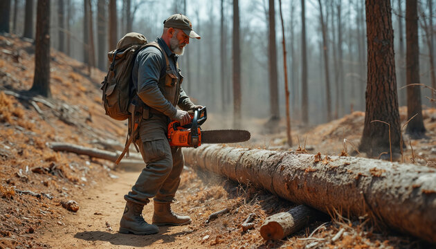 Bearded man with backpack cuts fallen tree with chainsaw in forest. Lumberjack in work clothes, boots, hard hat works outdoors. Logging industry, timber harvesting. Nature, woods, work, man, outdoor,