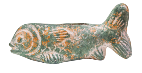 Ancient clay fish figurine showing signs of aging and wear on transparent background