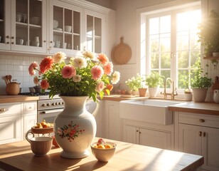 Sunny kitchen interior with flowers