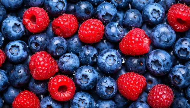 Fresh blueberries and raspberries with water drops with healthy food background.