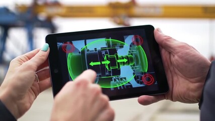 Hands Holding Digital Tablet Displaying Green Mechanical Design at Construction Site - Powered by Adobe