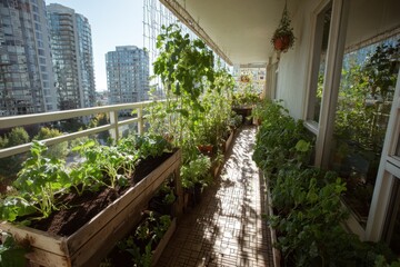 Urban gardening creates vibrant green spaces on balcony filled with thriving plants and vegetables in a modern apartment building