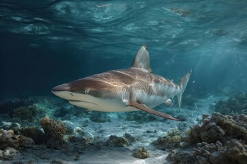 Fototapeta premium Carcharhinus melanopterus swimming gracefully in clear tropical waters near coral reefs during midday light