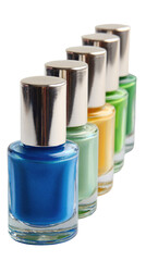 Seven nail polish bottles in a spectrum of shades, from blue to green, with silver caps